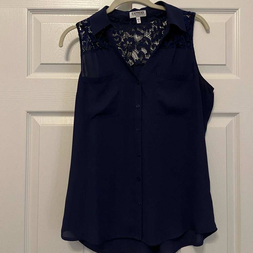 Dressy tank top with lace on the back. Navy and black.